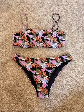 Floral Leaf Bandeau Bikini Set - Black with Pink & Orange Leaves
